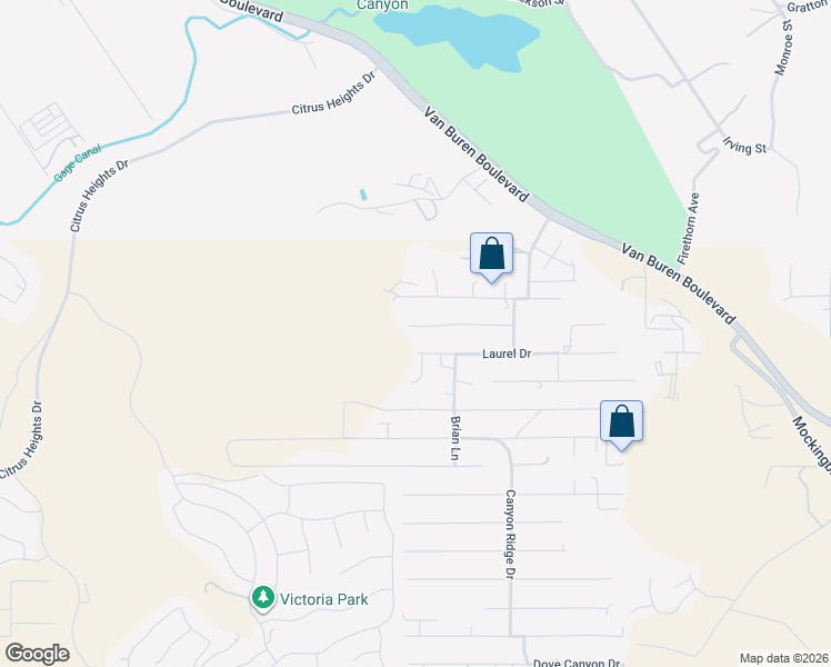 map of restaurants, bars, coffee shops, grocery stores, and more near 14072 Laurel Drive in Riverside