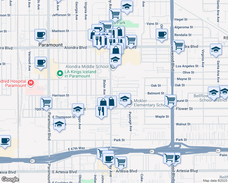 map of restaurants, bars, coffee shops, grocery stores, and more near 16600 Downey Avenue in Paramount
