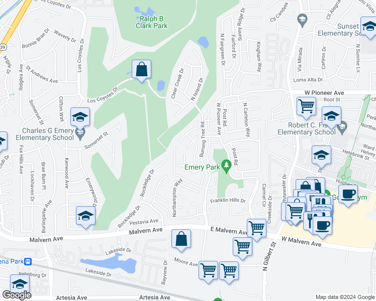 map of restaurants, bars, coffee shops, grocery stores, and more near 2756 Aubrey Place in Fullerton