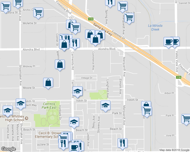 map of restaurants, bars, coffee shops, grocery stores, and more near Village Drive in Cerritos