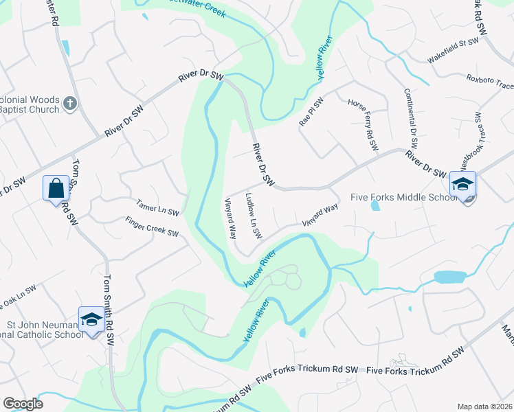 map of restaurants, bars, coffee shops, grocery stores, and more near 735 Ludlow Lane Southwest in Lawrenceville