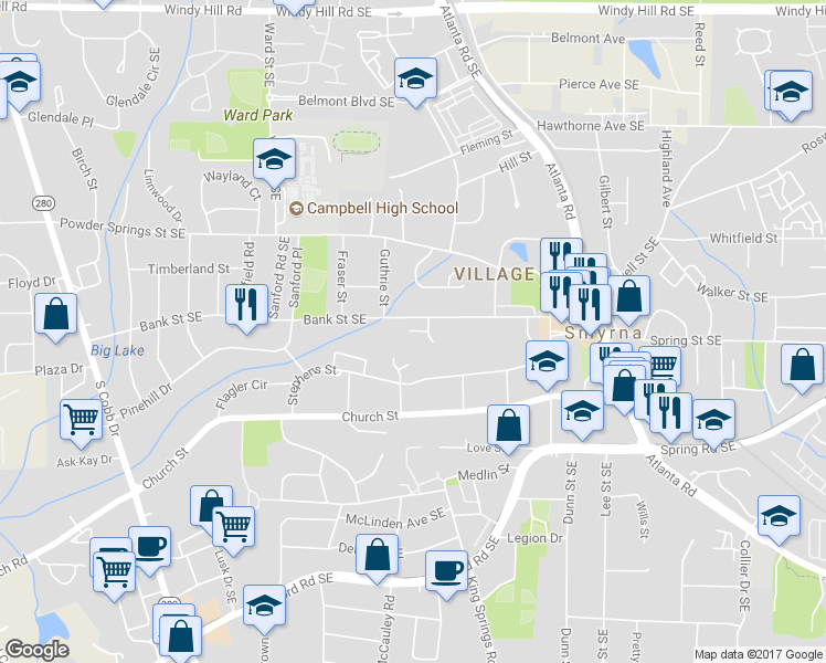 map of restaurants, bars, coffee shops, grocery stores, and more near 1095 Parkview Court in Smyrna