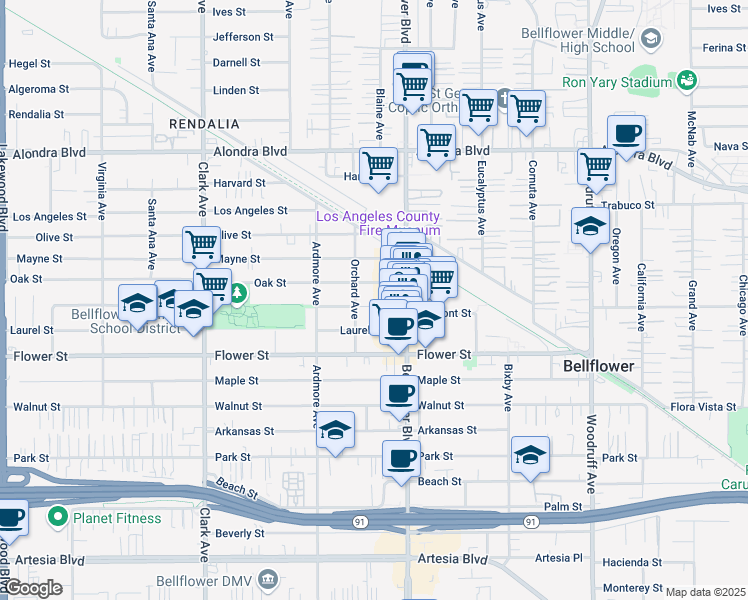 map of restaurants, bars, coffee shops, grocery stores, and more near 9723 Belmont Street in Bellflower