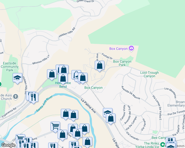 map of restaurants, bars, coffee shops, grocery stores, and more near 5320 Silver Canyon Road in Yorba Linda