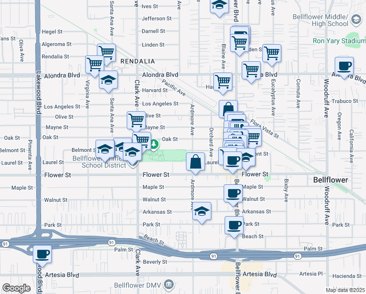 map of restaurants, bars, coffee shops, grocery stores, and more near 9550 Oak Street in Bellflower