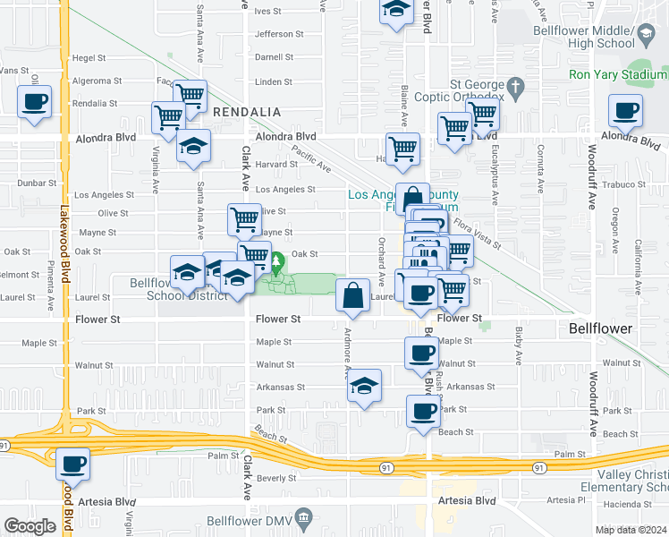 map of restaurants, bars, coffee shops, grocery stores, and more near 9550 Oak Street in Bellflower