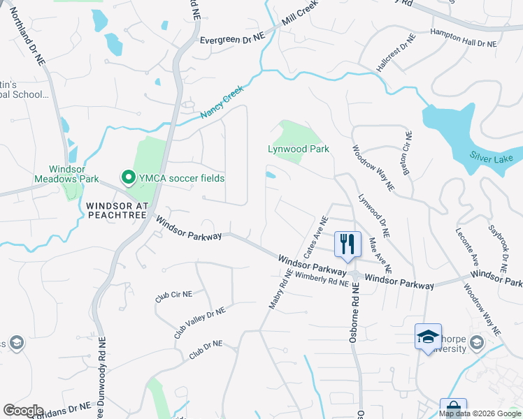 map of restaurants, bars, coffee shops, grocery stores, and more near 3176 Windsor Lake Drive Northeast in Atlanta