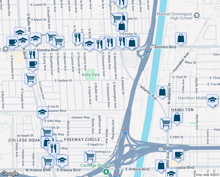map of restaurants, bars, coffee shops, grocery stores, and more near 1324 South Stoneacre Avenue in Compton