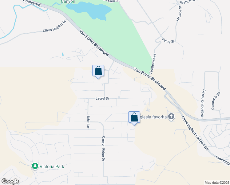 map of restaurants, bars, coffee shops, grocery stores, and more near 14330 Laurel Drive in Riverside