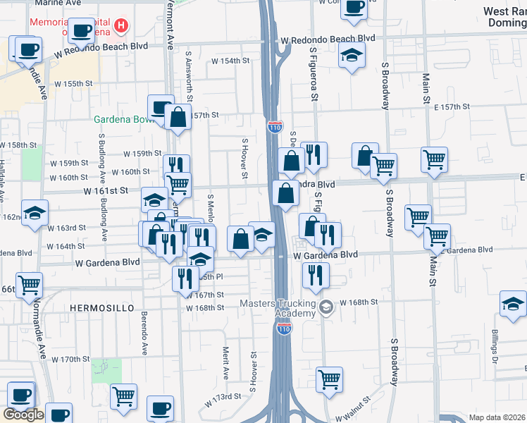 map of restaurants, bars, coffee shops, grocery stores, and more near 16209 Estrella Avenue in Gardena