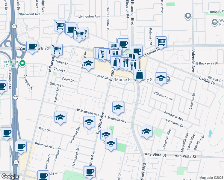 map of restaurants, bars, coffee shops, grocery stores, and more near 1180 Bradford Avenue in Placentia