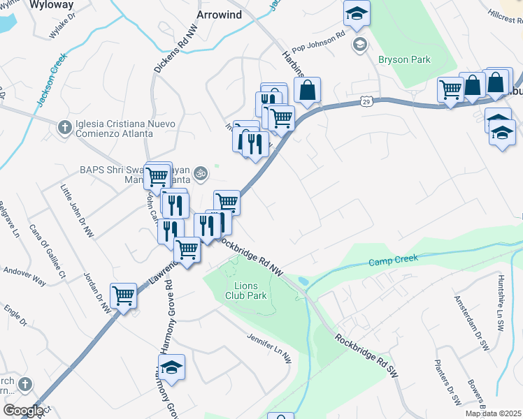 map of restaurants, bars, coffee shops, grocery stores, and more near 358 Bradley Woods Court Northwest in Lilburn