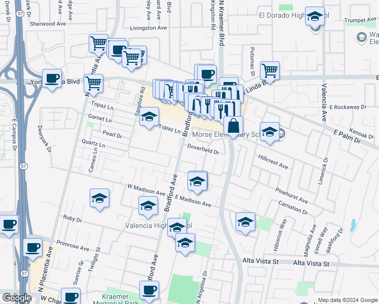 map of restaurants, bars, coffee shops, grocery stores, and more near 1180 Bradford Avenue in Placentia