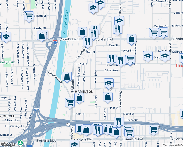 map of restaurants, bars, coffee shops, grocery stores, and more near 7120 Olive Avenue in Long Beach