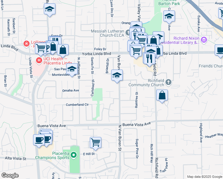 map of restaurants, bars, coffee shops, grocery stores, and more near 1536 Olympic Avenue in Placentia