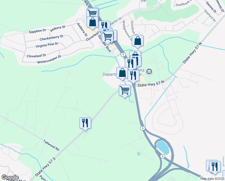 map of restaurants, bars, coffee shops, grocery stores, and more near 20 State Highway 57 South in Little River
