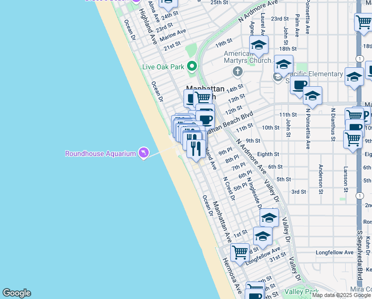 map of restaurants, bars, coffee shops, grocery stores, and more near 1020 North The Strand in Manhattan Beach