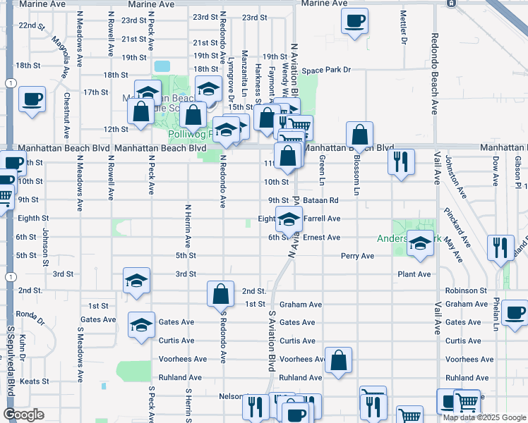 map of restaurants, bars, coffee shops, grocery stores, and more near 1822 Eighth Street in Manhattan Beach