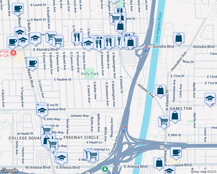 map of restaurants, bars, coffee shops, grocery stores, and more near 1324 South Stoneacre Avenue in Compton