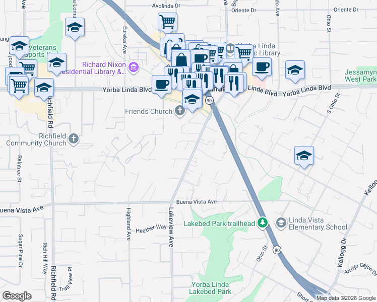 map of restaurants, bars, coffee shops, grocery stores, and more near 5332 Lakeview Avenue in Yorba Linda