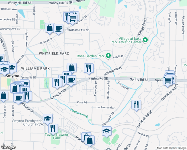 map of restaurants, bars, coffee shops, grocery stores, and more near 1707 Napa Valley Court Southeast in Smyrna
