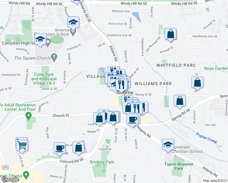 map of restaurants, bars, coffee shops, grocery stores, and more near 1283 Spring Street Southeast in Smyrna