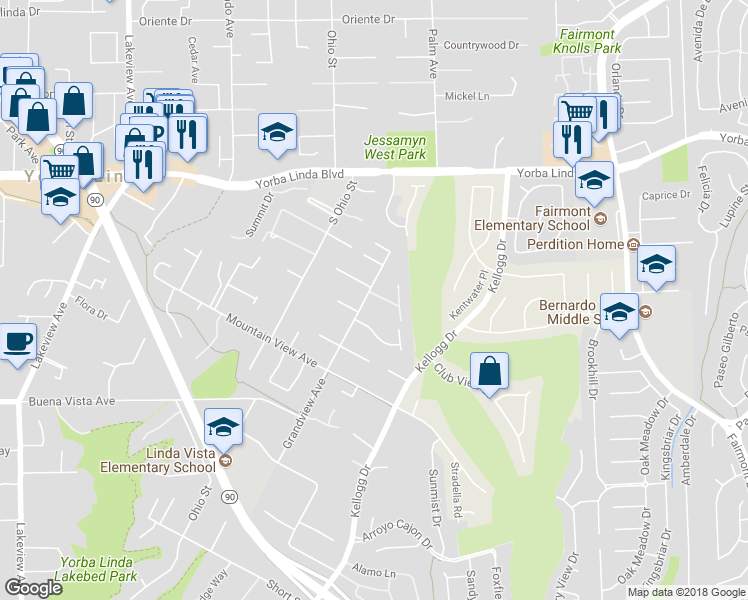 map of restaurants, bars, coffee shops, grocery stores, and more near 5302 Grandview Avenue in Yorba Linda