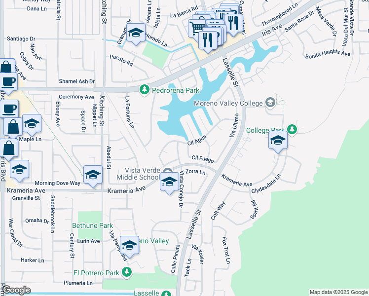 map of restaurants, bars, coffee shops, grocery stores, and more near 25880 Calle Fuego in Moreno Valley