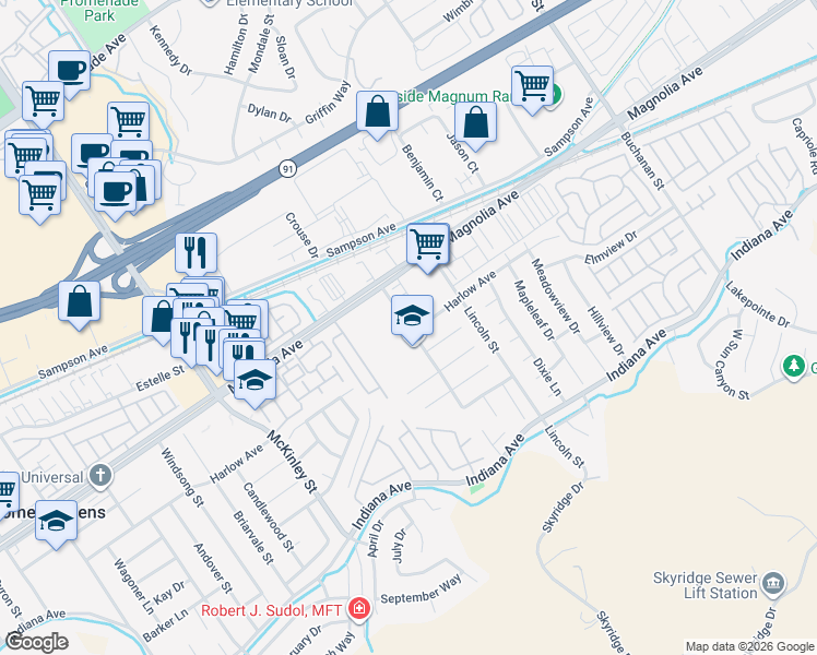 map of restaurants, bars, coffee shops, grocery stores, and more near 3754 Harvill Lane in Riverside