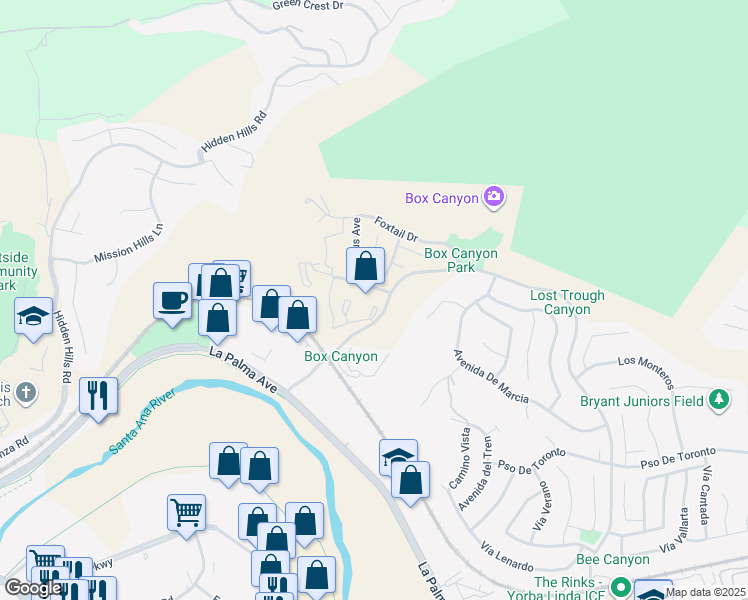 map of restaurants, bars, coffee shops, grocery stores, and more near 2194 Via Lomas De Yorba West in Yorba Linda