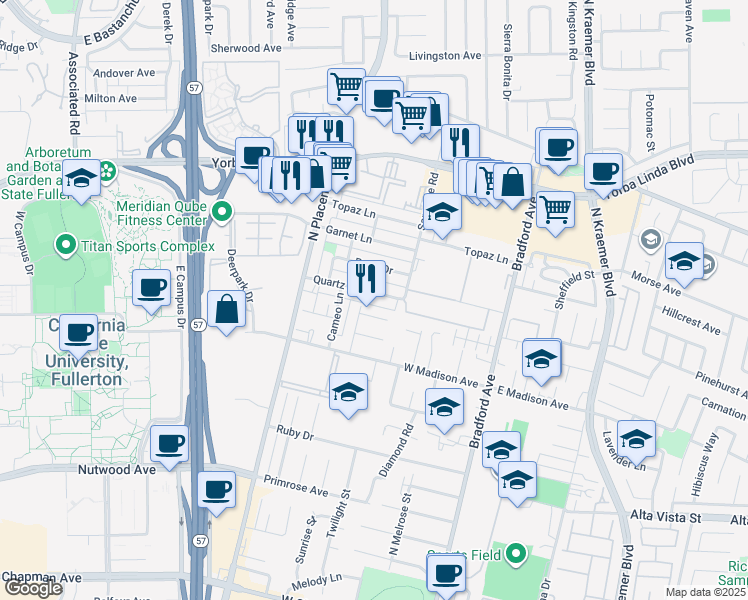 map of restaurants, bars, coffee shops, grocery stores, and more near 530 Sheree Lane in Placentia