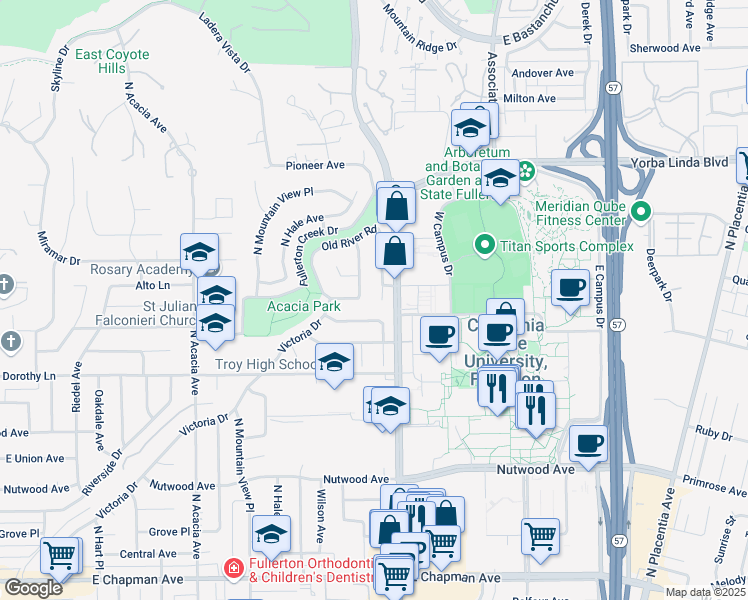 map of restaurants, bars, coffee shops, grocery stores, and more near 1415 Concord Avenue in Fullerton