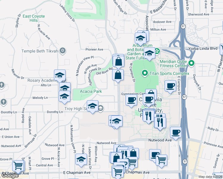map of restaurants, bars, coffee shops, grocery stores, and more near 2307 Virginia Road in Fullerton