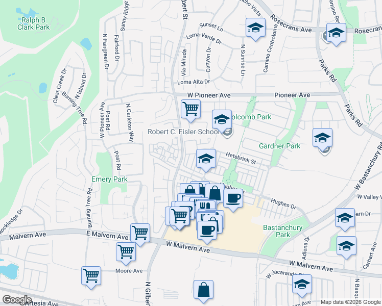 map of restaurants, bars, coffee shops, grocery stores, and more near 1249 Olson Drive in Fullerton