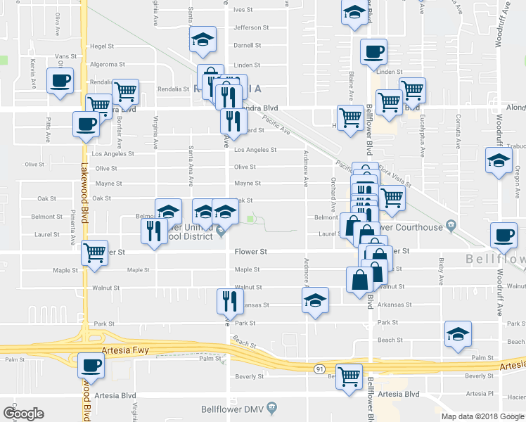 map of restaurants, bars, coffee shops, grocery stores, and more near 16614 Clark Avenue in Bellflower