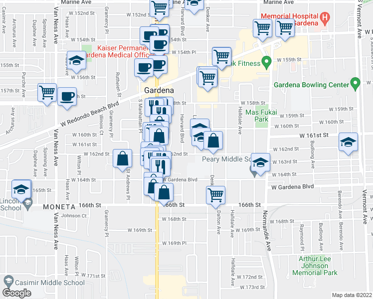 map of restaurants, bars, coffee shops, grocery stores, and more near 1670 West 162nd Street in Gardena