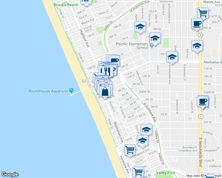 map of restaurants, bars, coffee shops, grocery stores, and more near 313 9th Street in Manhattan Beach