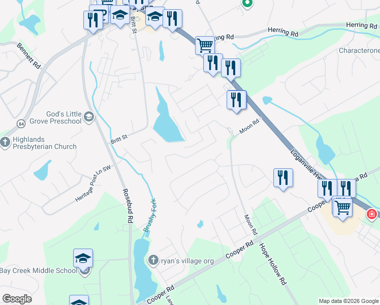 map of restaurants, bars, coffee shops, grocery stores, and more near 2650 Tyler Bay Lane in Grayson