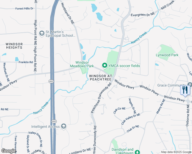 map of restaurants, bars, coffee shops, grocery stores, and more near 4575 Windsor Gate Court Northeast in Atlanta