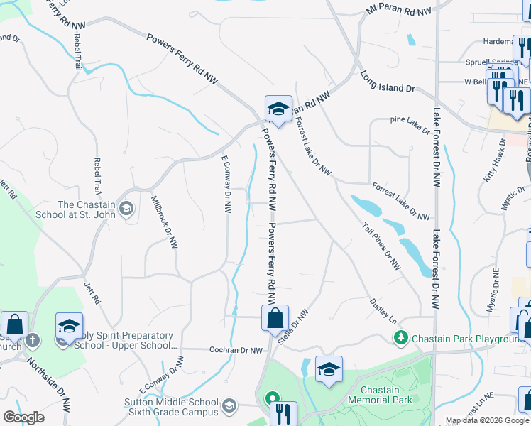 map of restaurants, bars, coffee shops, grocery stores, and more near 4720 Powers Ferry Road Northwest in Atlanta