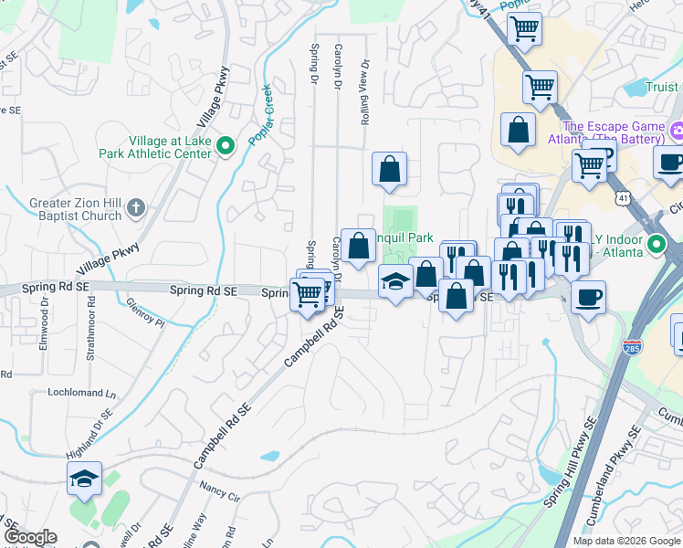 map of restaurants, bars, coffee shops, grocery stores, and more near 2831 Carolyn Drive in Smyrna