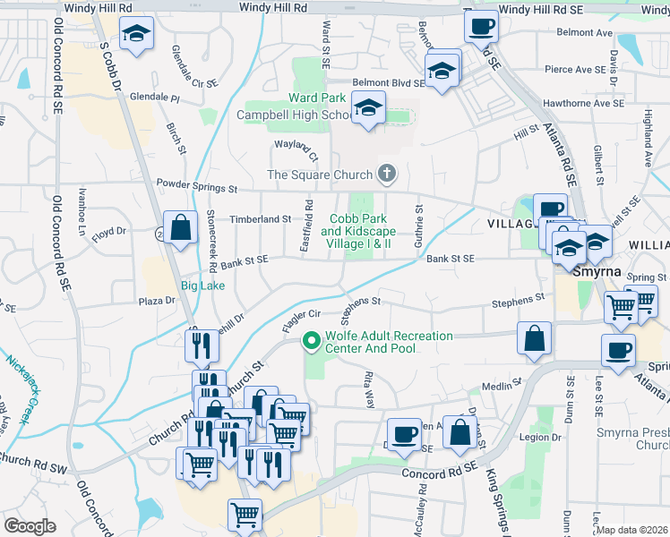 map of restaurants, bars, coffee shops, grocery stores, and more near 916 Pinehill Drive in Smyrna