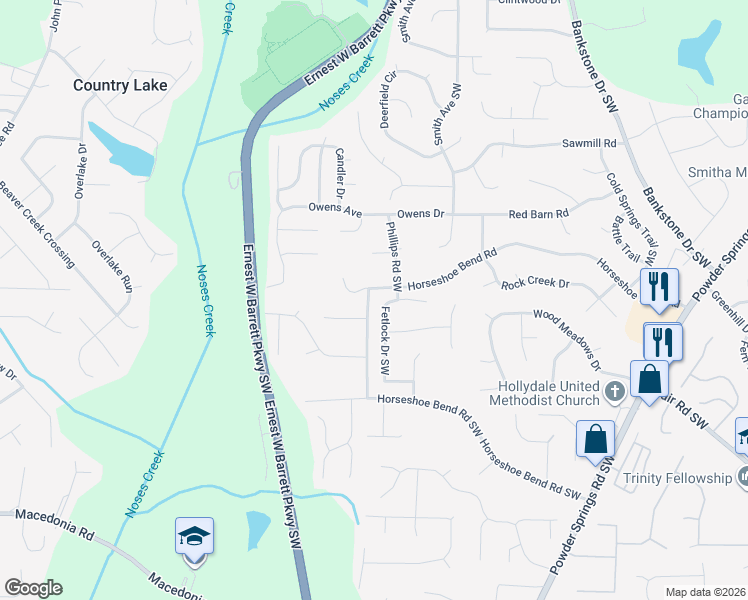 map of restaurants, bars, coffee shops, grocery stores, and more near 3003 Fetlock Drive Southwest in Marietta