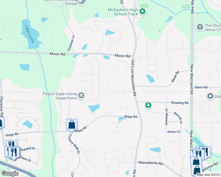 map of restaurants, bars, coffee shops, grocery stores, and more near 4521 Rushing Wind Court in Powder Springs