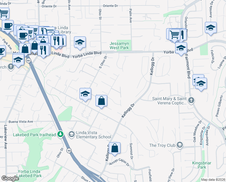 map of restaurants, bars, coffee shops, grocery stores, and more near 5302 Grandview Avenue in Yorba Linda