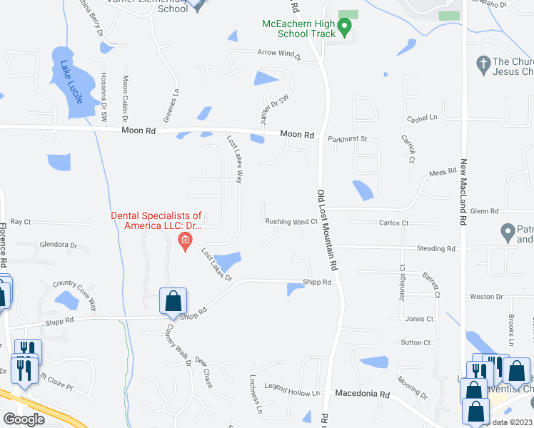 map of restaurants, bars, coffee shops, grocery stores, and more near 4521 Rushing Wind Court in Powder Springs