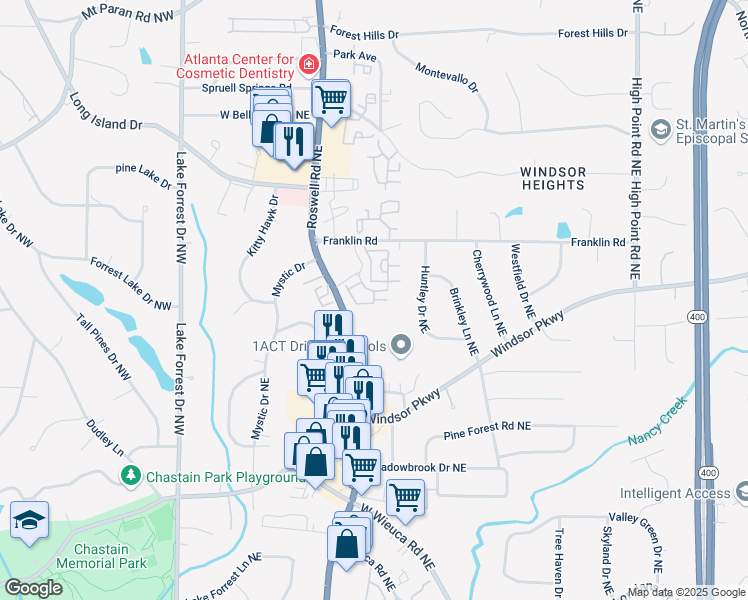 map of restaurants, bars, coffee shops, grocery stores, and more near 4691 Roswell Road Northeast in Sandy Springs