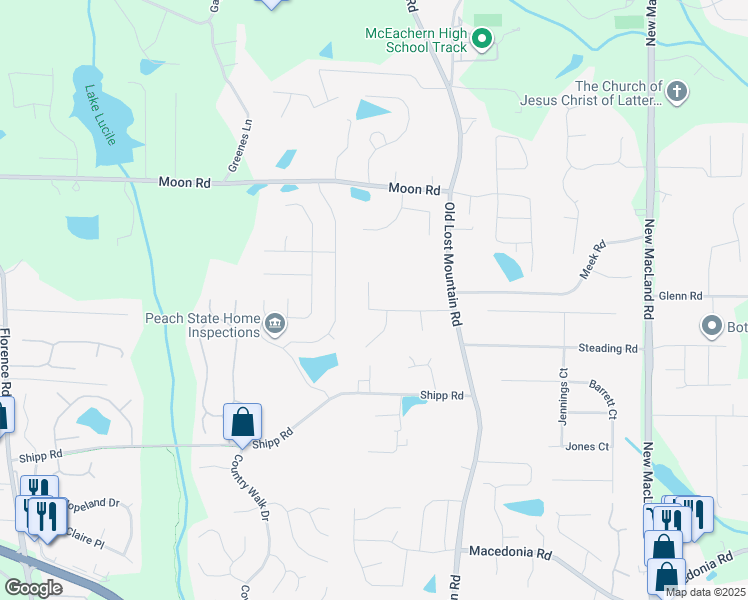 map of restaurants, bars, coffee shops, grocery stores, and more near 4521 Rushing Wind Court in Powder Springs