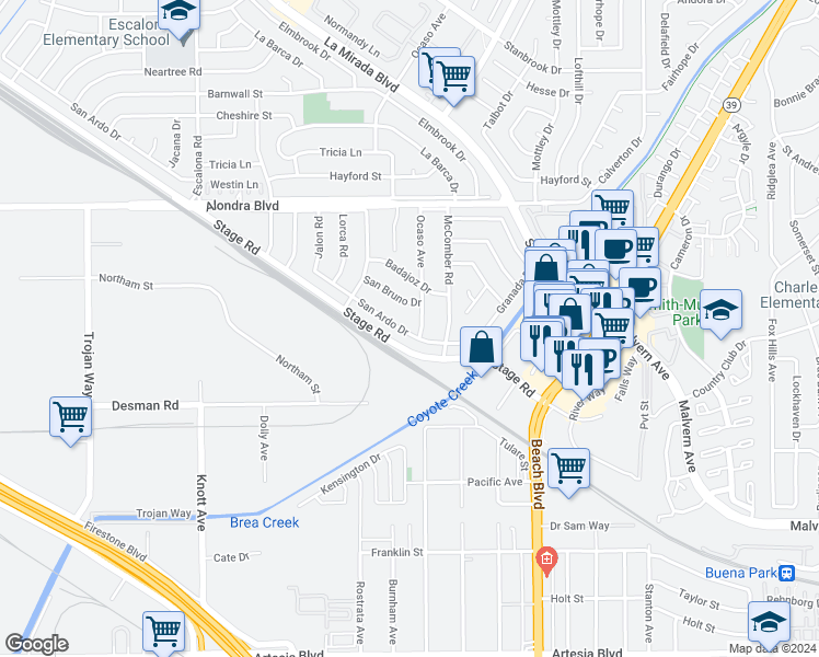 map of restaurants, bars, coffee shops, grocery stores, and more near 15373 San Ardo Drive in La Mirada