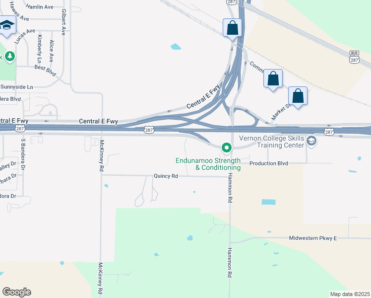 map of restaurants, bars, coffee shops, grocery stores, and more near 2507 Central East Freeway in Wichita Falls